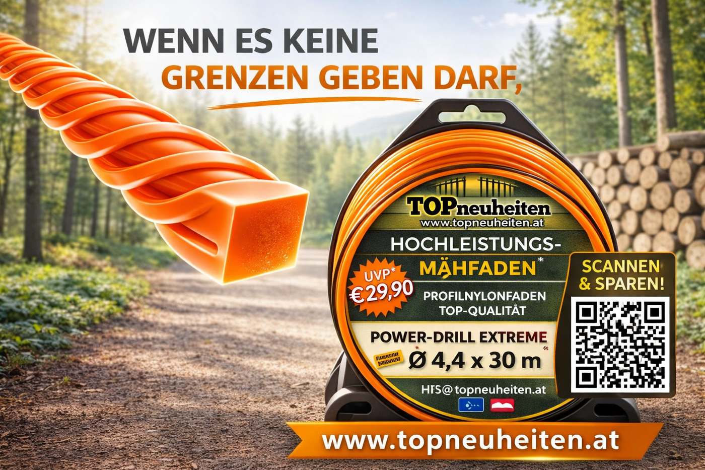Profi Mähfaden Powerdrill-Extrem Neonorange gedrillt 4,4 mm x 30 m