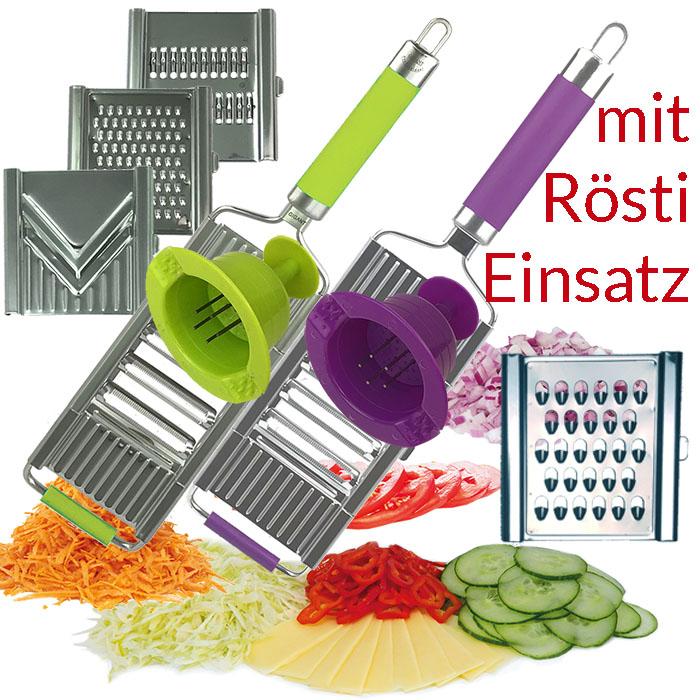 Gigant Multihobel Edelstahl Set Rösti mit gummiertem Griff mit 5 Einsätzen & Restehalter