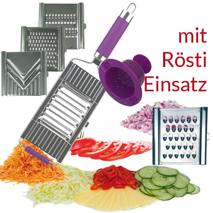 Gigant Multihobel Edelstahl Set Rösti mit gummiertem Griff mit 5 Einsätzen & Restehalter