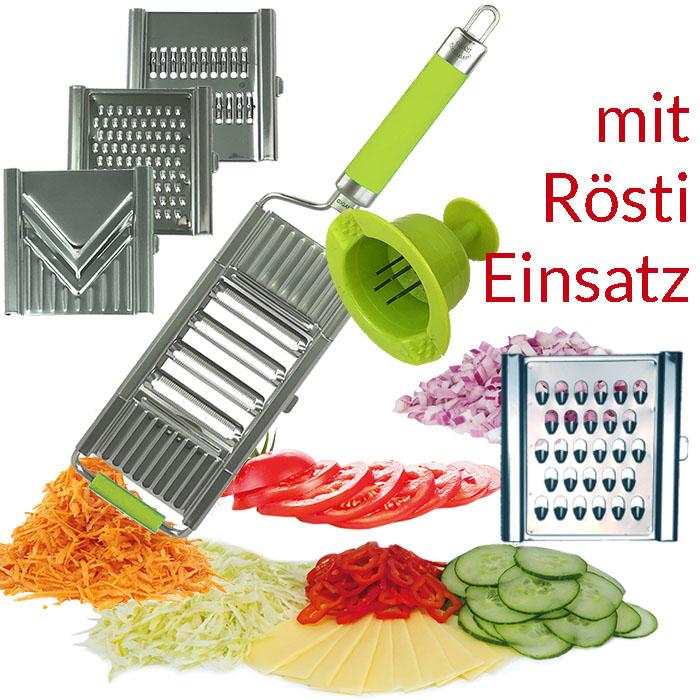 Gigant Multihobel Edelstahl Set Rösti mit gummiertem Griff mit 5 Einsätzen & Restehalter
